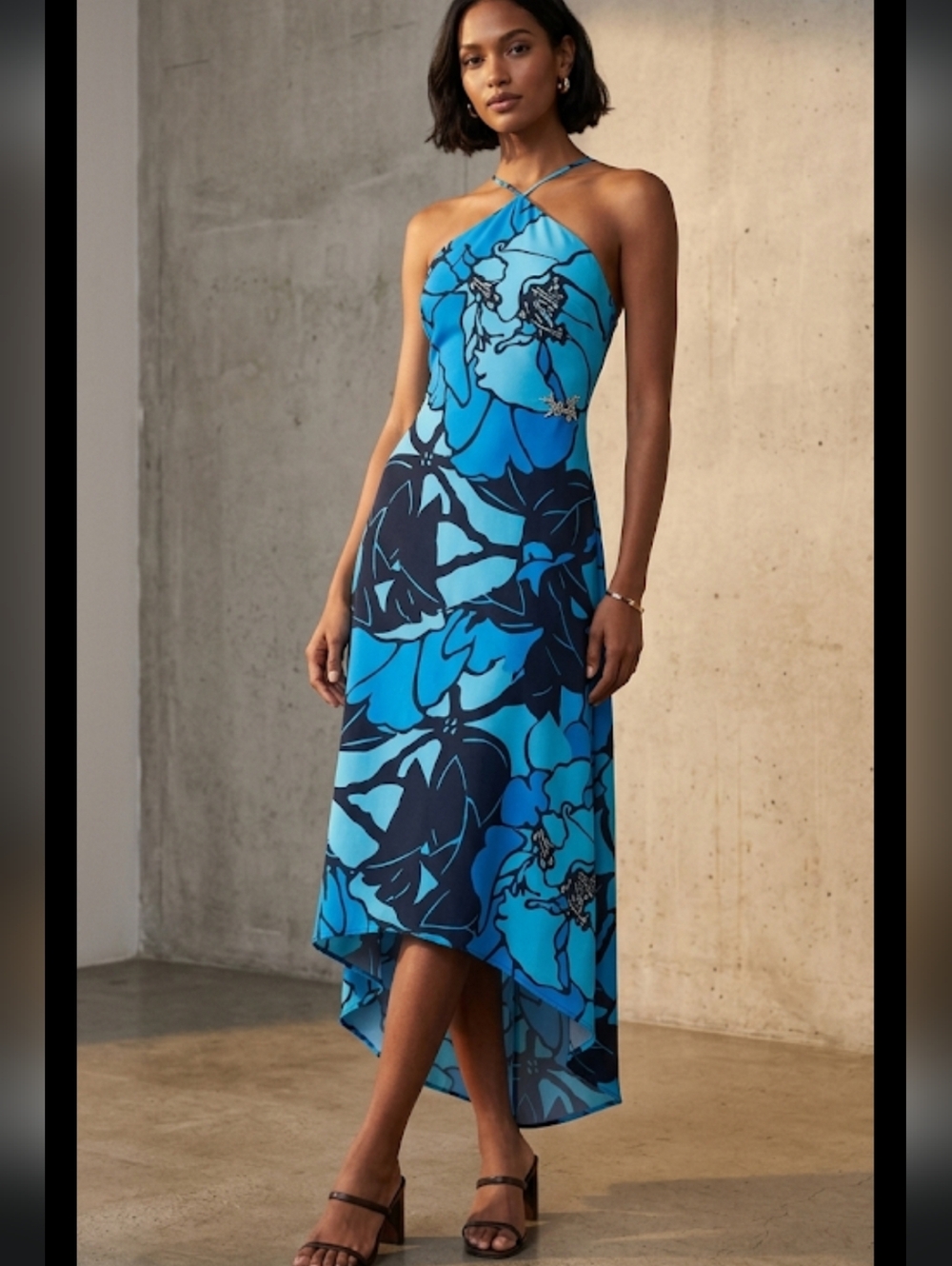 - Express Y2K high low spaghetti string halter top large floral Dress